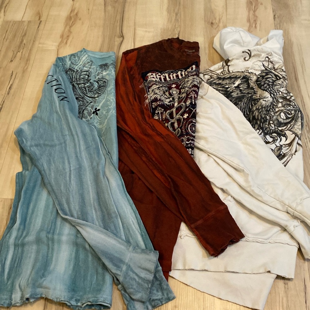 Affliction long sleeve white is xl other two are 2xl excellent condition 30 each